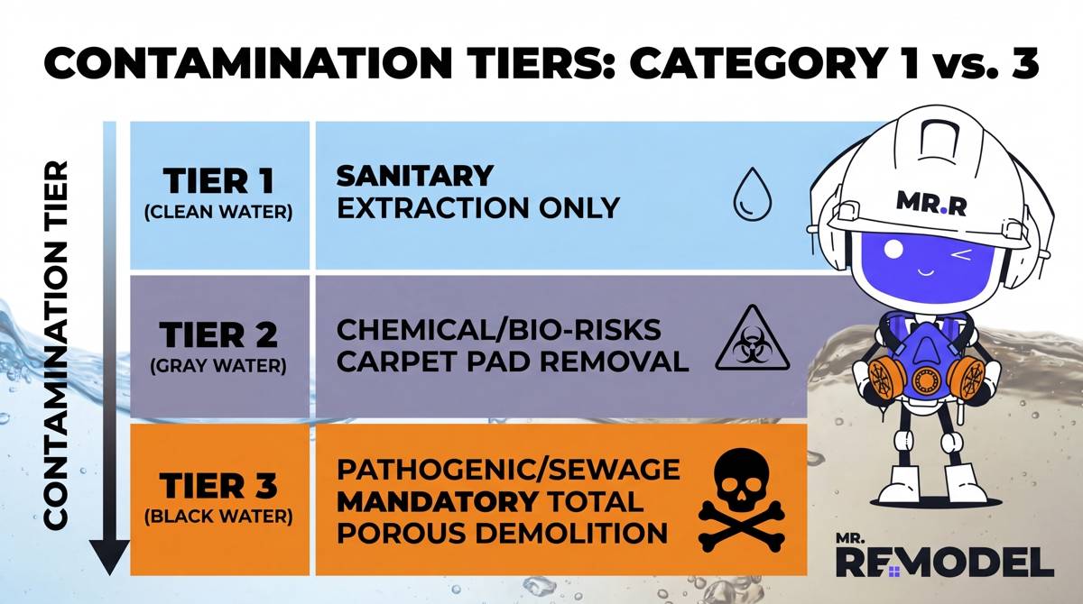 A clean, data-driven infographic defining Categories 1, 2, and 3. Each category is color-coded and linked to its specific risk level (Low vs. Pathogenic) and the mandated demolition protocol (In-place Drying vs. Total Porous Material Disposal), providing homeowners with an instant reference for safety.